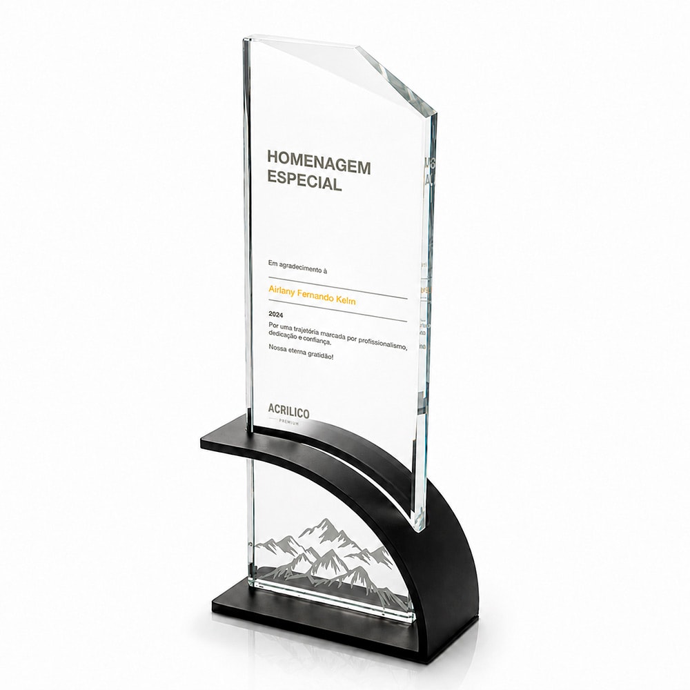 Troféu Homenagem Premium em Vidro Personalizado com Base