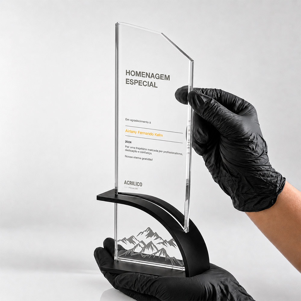 Troféu Homenagem Premium em Vidro Personalizado com Base