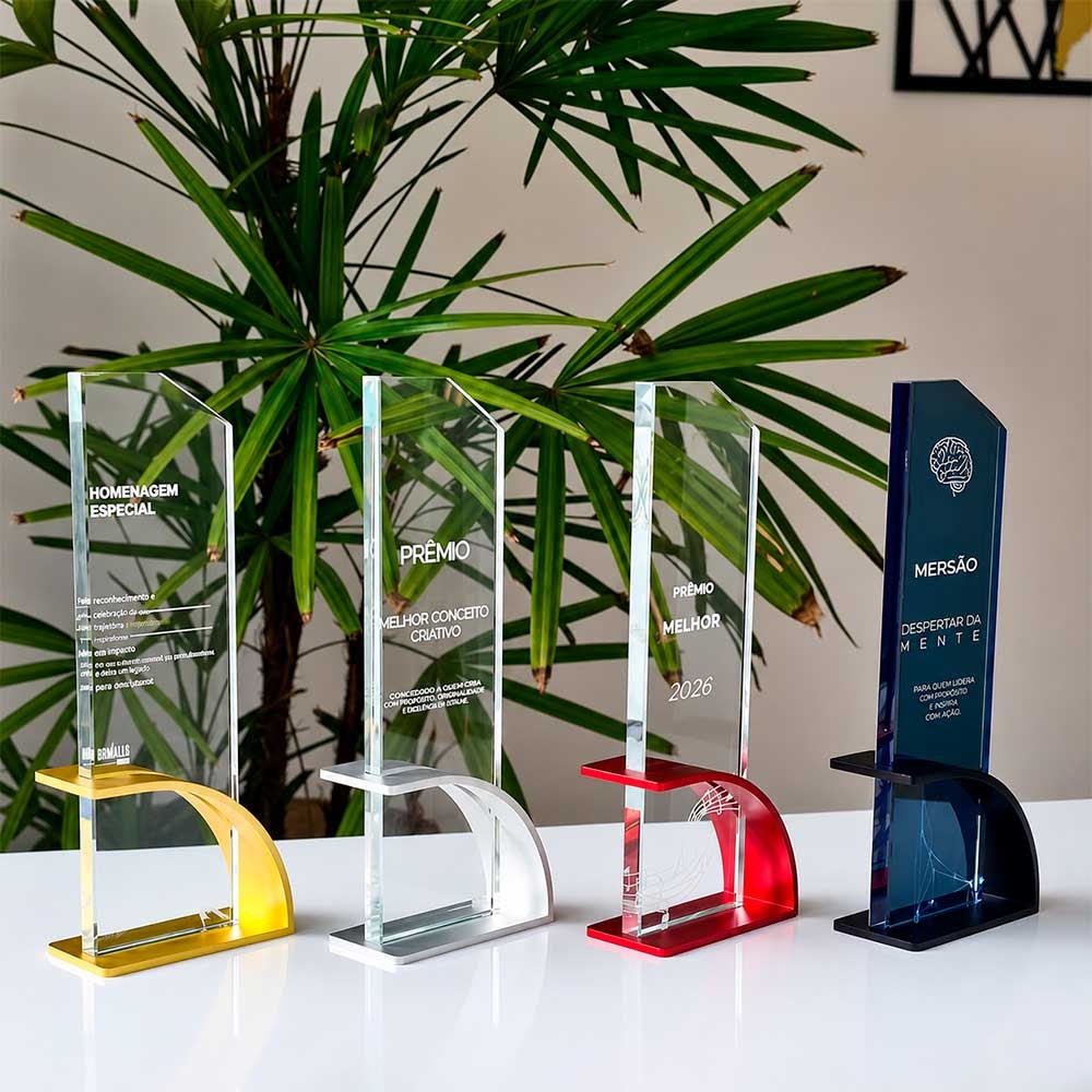 Troféu Homenagem Premium em Vidro Personalizado com Base